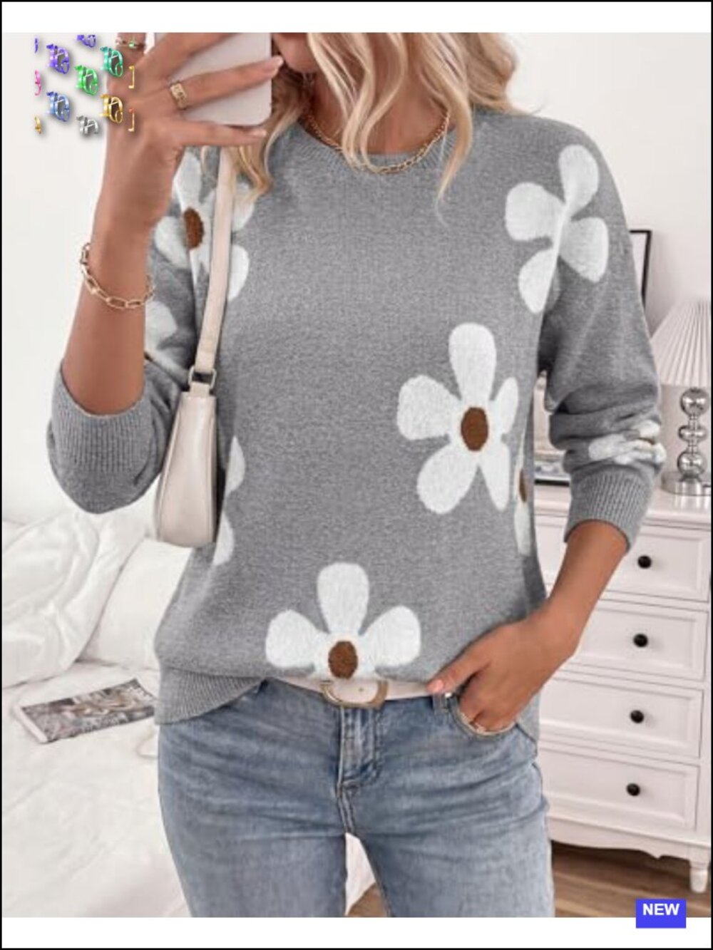 Women's Floral Chunky Knit Crewneck Pullover | Cozy Loose Fit Long Sleeve - Picture 3 of 6
